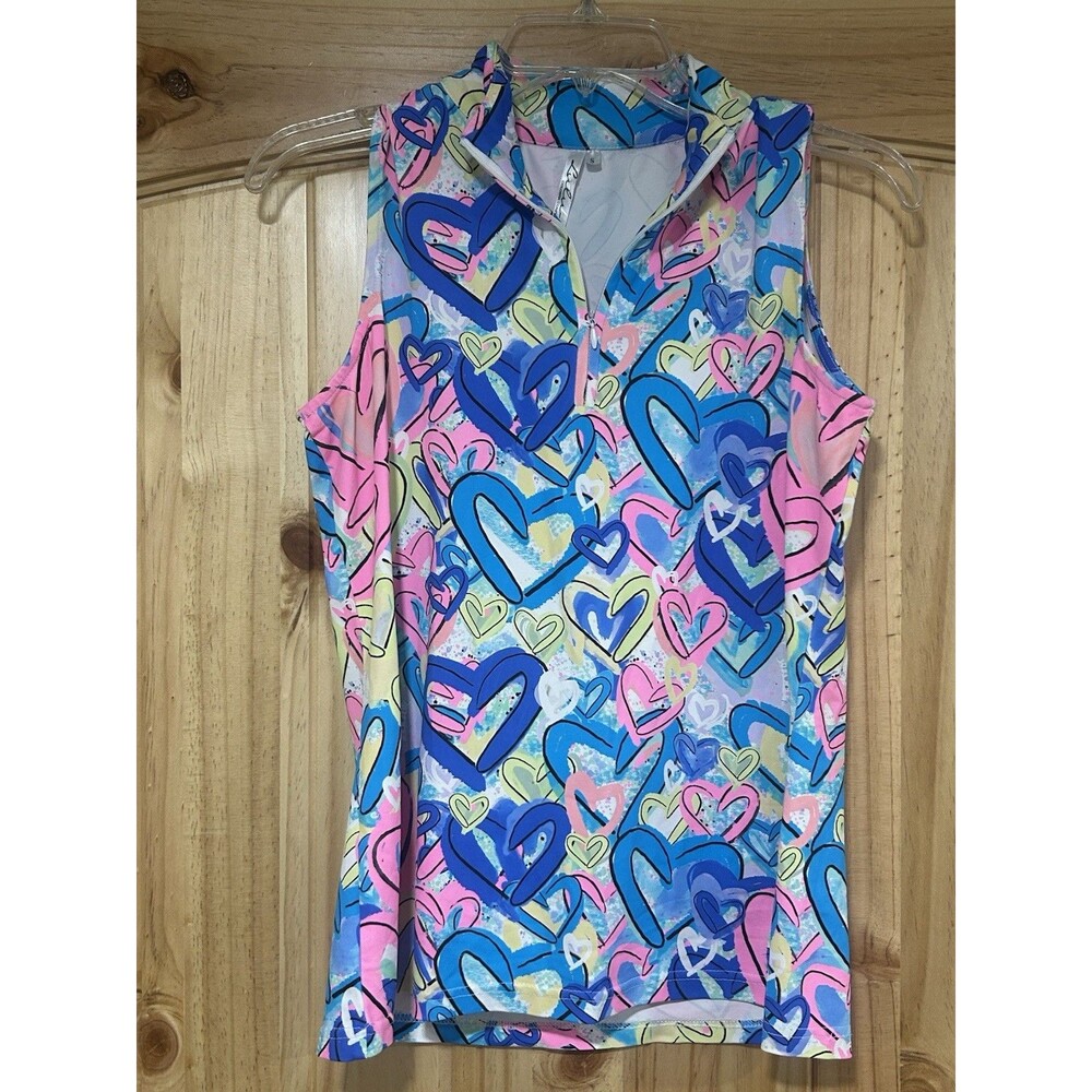 Lulu B Women’s Sleeveless Top 1/4 Zip Athletic Hearts Pink Blue Yellow Size S